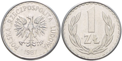 ПОЛЬША 1 ЗЛОТЫЙ 1987 MW KM 49.2, Parchimowicz 214b алюминий 4551-1045