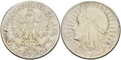 Польша 5 злотых 1934 w, Ядвига KM 21, Parchimowicz 116d серебро 08-1246