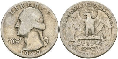 США 25 центов = квотер 1943 Вашингтон KM 164 серебро 4573-1232