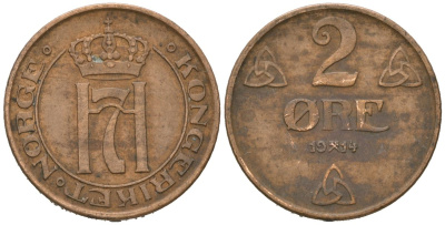 Норвегия 2 эре 1914 Хокон VII (1905-1957) KM 371 бронза 4615-353
