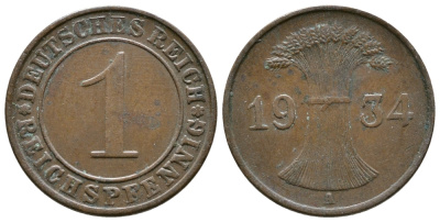ГЕРМАНИЯ 1 РЕЙХСПФЕННИГ 1934 A KM 37, J. 313 бронза 4380-1248