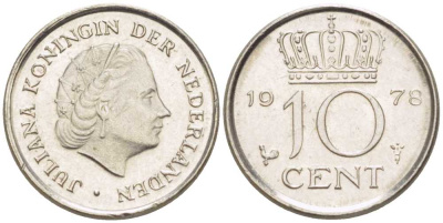 Нидерланды 10 центов 1978 Юлиана (1948-1980) КМ 182 никель 211-1237