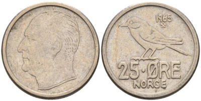 Норвегия 25 эре 1965 Улаф V (1958-1991), синица KM 407 медно-никель 4580-1034