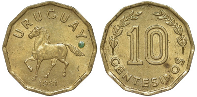Уругвай 10 сентесимо 1981 KM 66 алюминиевая бронза 4169-548