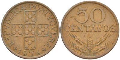 ПОРТУГАЛИЯ 50 СЕНТАВО 1974 KM 596 бронза 4523-616