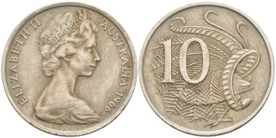 Австралия 10 центов 1966 Елизавета II (1952-), птица лирахвост KM 65 медно-никель 4382-922