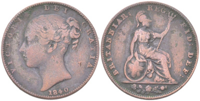 Великобритания 1 фартинг 1840 Виктория (1837-1901) KM 725, Spink 3950 медь 4613-368