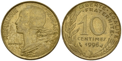 Франция 10 сантимов 1996 тип Marianne KM 929 алюминиевая бронза 4390-912