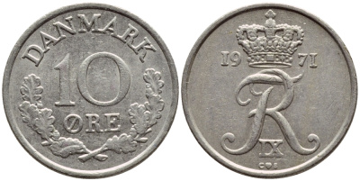 ДАНИЯ 10 ЭРЕ 1971 C; S, ФРЕДЕРИК IX (1947-1972) KM 849.1 медно-никель 4398-926