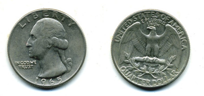 США 25 центов (квотер) 1965 Вашингтон KM 164а медь плакированная медно-никелем 46-1825