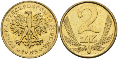 Польша 2 злотых 1985 MW, Народная Республика KM 80.1, Parchimowicz 217l латунь UNC 4580-753
