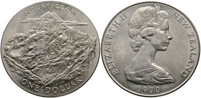 Новая Зеландия 1 доллар 1970 гора Кука, Аораки, Елизавета II (1952-2022) KM 42 медно-никель UNC 118-222