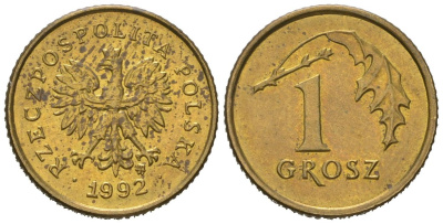 Польша 1 грош 1992 KM 276 латунь UNC 4567-112