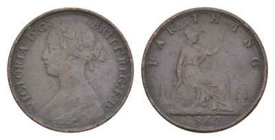 Великобритания 1 фартинг 1862 Виктория (1837-1901) KM 747.2, Spink 3958 бронза 4630-145