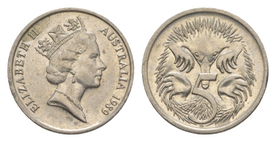 Австралия 5 центов 1989 Елизавета II (1952-2022), ехидна KM 80 медно-никель 4154-133