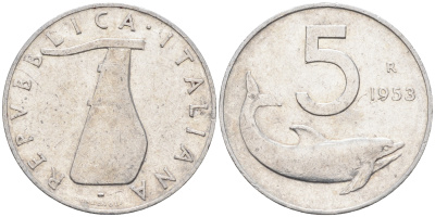 Италия 5 лир 1953 R, дельфин, плуг KM 92 алюминий 4594-1031