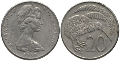 Новая Зеландия 20 центов 1980 Елизавета II (1952-2022), птичка киви KM 36.1 медно-никель 81-622