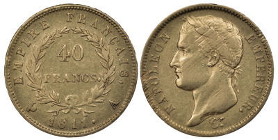 Франция 40 франков 1811 А, монетный двор Париж, Наполеон Бонопарт, гурт пополам перевернут на 180 градусов, редкий брак чекана KM 696.1 золото 10-011-51