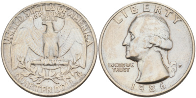 США 25 ЦЕНТОВ = КВОТЕР 1986 P, ВАШИНГТОН KM А164a медь плакированная медно-никелем 190-345