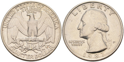 США 25 центов = квотер 1987 P, Вашингтон KM A164a медь плакированная медно-никелем 92-1232