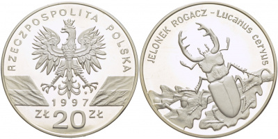 Польша 20 злотых 1997 серия сохраним наш мир, жук-олень (рогач) KM 330 серебро PROOF 00-805-63