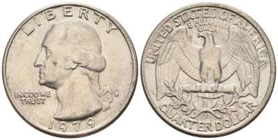 США 25 центов = квотер 1979 D, Вашингтон KM 164а медь плакированная медно-никелем 4577-436