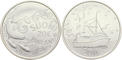 Финляндия 20 евро 2011 защита Балтийского моря, нерпа, сертификат KM 169 a серебро UNC 1066-10-35