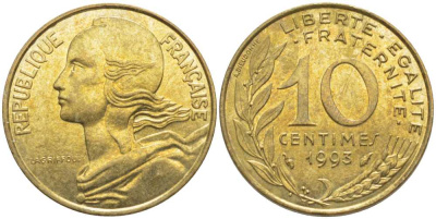 ФРАНЦИЯ 10 САНТИМОВ 1993 ТИП MARIANNE KM 929, LE FRANC 144.35 медь алюминий никель 116-431