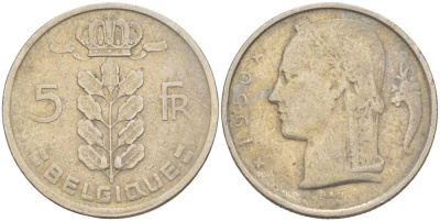 БЕЛЬГИЯ 5 ФРАНКОВ 1950 BELGIQUE, БОДУЭН I (1951-1993) KM 134.1 медно-никель 4546-315