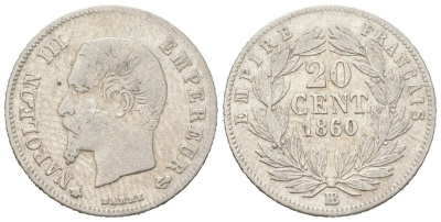 Франция 20 сантимов 1860 BB, Наполеон III (1852-1870) KM 778.2 серебро 4617-739