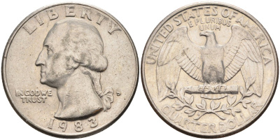 США 25 центов = квотер 1983 D, Вашингтон KM A164a медь плакированная медно-никелем 4584-1155