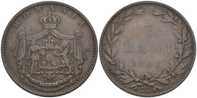 Румыния 5 бани 1867 монетный двор Watt&Co, Кароль I как принц (1866-1881) KM 3.2 медь 93-312