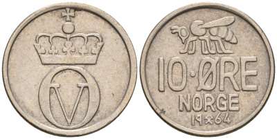 Норвегия 10 эре 1964 пчела, Улаф V (1958-1991) KM 411 медно-никель 4608-344