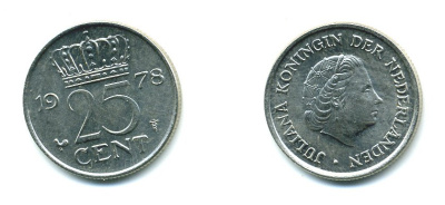 НИДЕРЛАНДЫ 25 ЦЕНТОВ 1978 ЮЛИАНА KM 183 никель 76-527