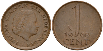 Нидерланды 1 цент 1968 Юлиана (1949-1980) KM 180 бронза    4598-251