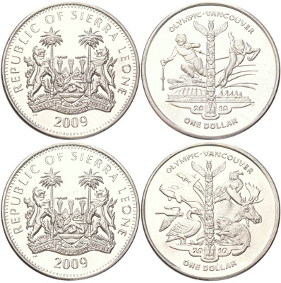 Сьерра-Леоне набор из 2 монет (1 доллар) 2009 XXI зимние Олимпийские Игры, Ванкувер 2010 - животные и спортсмены KM 360 и 361 медно-никель BU 4368-1232-1233