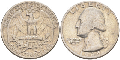 США 25 центов (квотер) 1965 Вашингтон KM 164a медь плакированная медно-никелем 08-1042