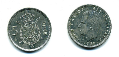 ИСПАНИЯ 5 ПЕСЕТ 1984 ХУАН КАРЛОС I (1975-) KM 823 медно-никель 51-4536