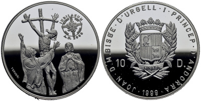 Андорра 10 динеров 1999 серия миллениум, распятие Иисуса Христа KM 162 серебро PROOF 11-153-35