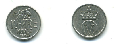 НОРВЕГИЯ 10 ЭРЕ 1962 ПЧЕЛА KM 411 медно-никель 4364-931