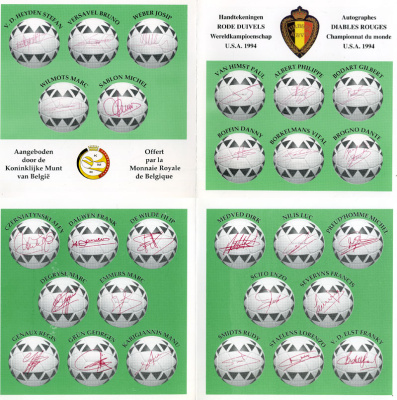 Бельгия набор из 10 монет + жетон монетного двора 1994 Belgie-Belgique, Чемпионат мира по футболу в США 1994 года, с подписями сборной Бельгии и фотографиями игроков, в оригинальном буклете, в запайке  KM MS 6   BUNC  6-5-3-46
