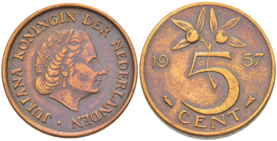 НИДЕРЛАНДЫ 5 ЦЕНТОВ 1957 ЮЛИАНА KM 181 бронза 3718-351