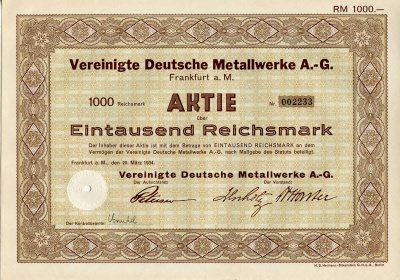 Германия 1000 рейхсмарок 1934 АО Объединенные немецкие металлургические заводы, акция   бумага   8803-30-1