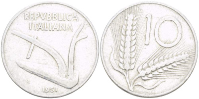 ИТАЛИЯ 10 ЛИР 1951 R, КОЛОС, ПЛУГ KM 93 алюминий 4523-641