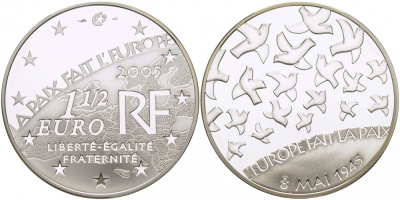 Франция 1 1/2 евро 2005 60 лет мира в Европе, голуби мира КМ 1441 серебро PROOF 1077-10-64