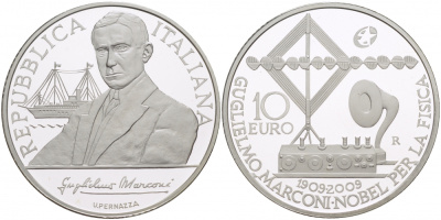 Италия 10 евро 2009 100 лет со дня вручения нобелевской премии Гильермо Маркони, изобретатель радио KM 317 серебро PROOF 11-153-33