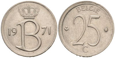 Бельгия 25 сантимов 1971 Belgie, Бодуэн I (1951-1993 KM 154.1 медно-никель 4564-142