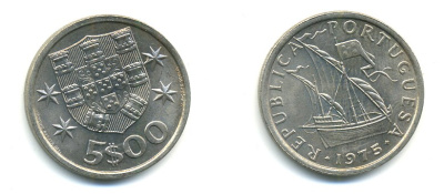 ПОРТУГАЛИЯ 5 ЭСКУДО 1975 ПАРУСНИК KM 591 медно-никель 176-227