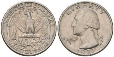 США 25 центов = квотер 1977 Вашингтон KM 164a медь плакированная медно-никелем 4597-525