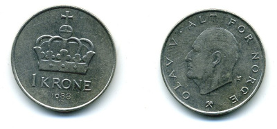 НОРВЕГИЯ 1 КРОНА 1988 ОЛАФ V KM 419 медно-никель 25-2241